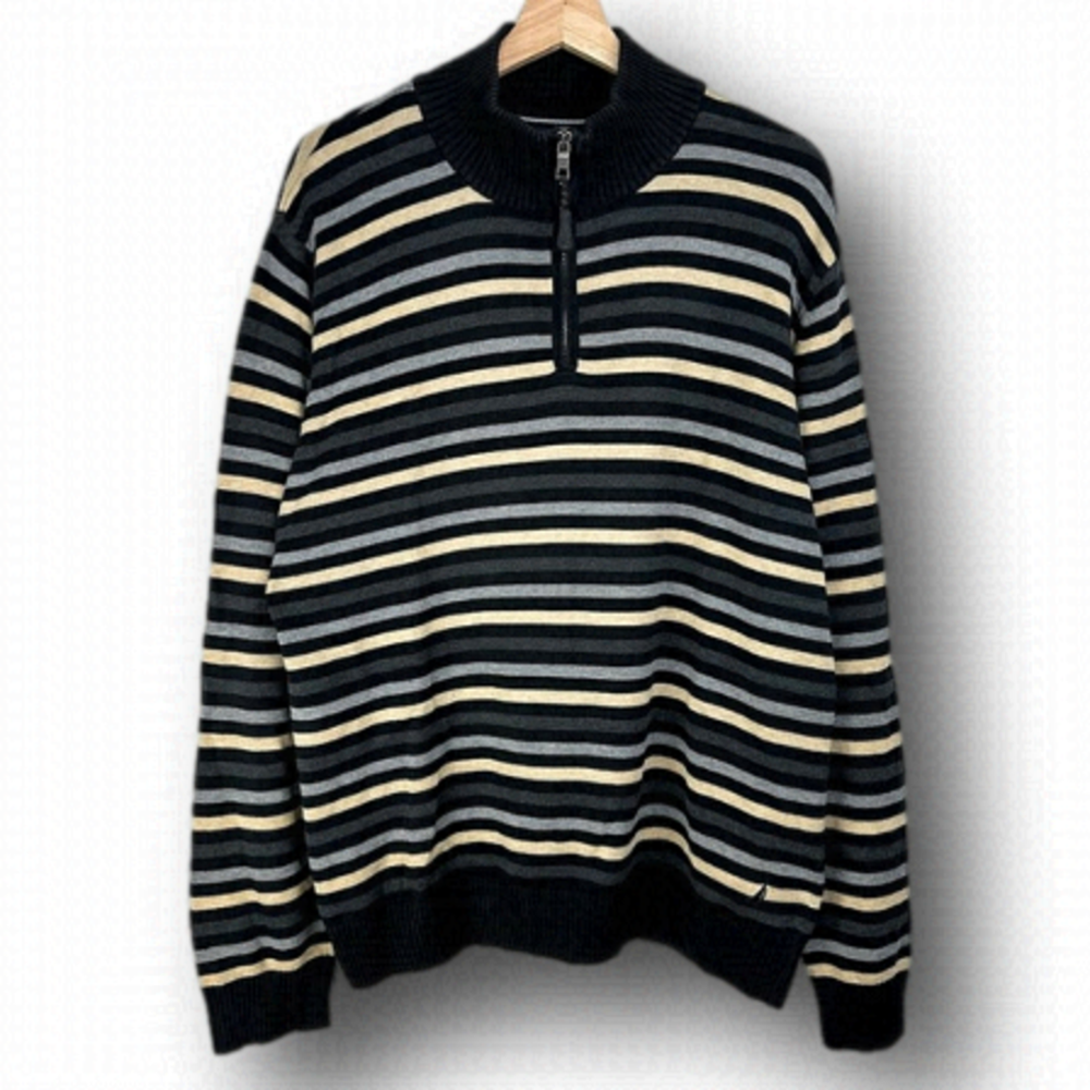 Nautica Quarter-zip Pullover Knit Sweater Tri Color Striped Design Men's Large